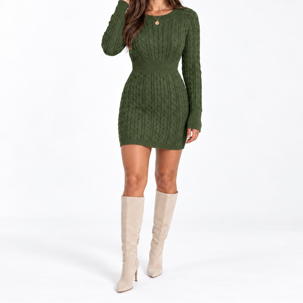 Women's Cable-Knit Mini Dress with Defined Waist and Long Sleeves – Elegant Knit Dress for Fall, Winter, and Festive Occasions