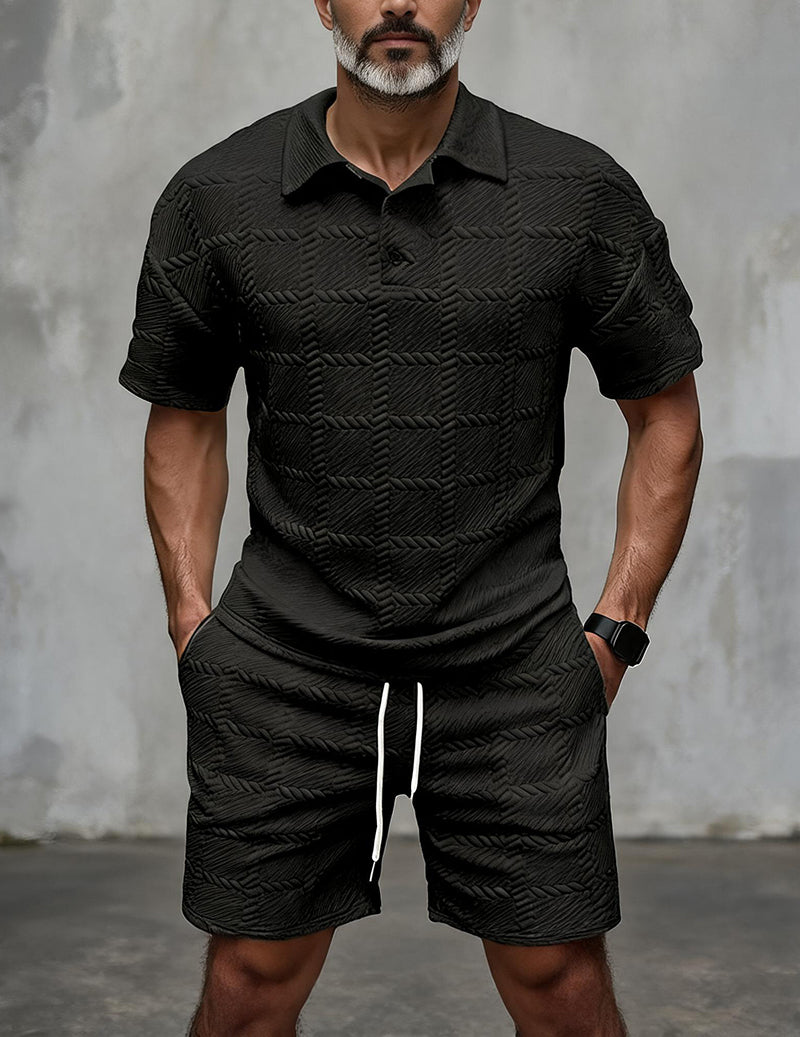 Herre Outfitsæt Med Tekstureret Poloshirt Og Shorts