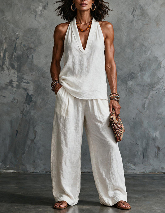 Women's Linen-Blend Set with Halter Top and Wide-Leg Pants