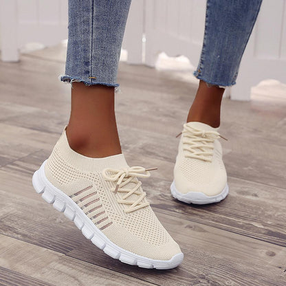 Women's Lightweight Knit Sneakers with Laces and Breathable Design – Flexible Training Shoes with Segmented Soles for Everyday Wear, Fitness and Leisure