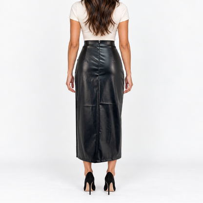 Women's High-Waisted Faux Leather Midi Skirt with Fitted Fit and Slit – Elegant Skirt for Everyday Wear and Evening Outfits