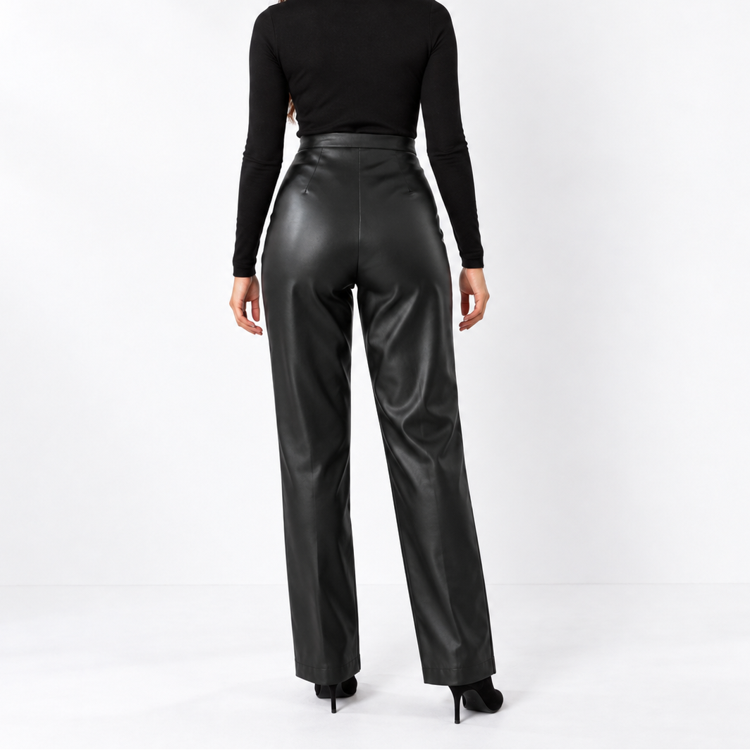 Women's High-Waisted Wide-Leg Faux Leather Pants – Structured Design with Panel Details for Elegant Everyday and Evening Outfits