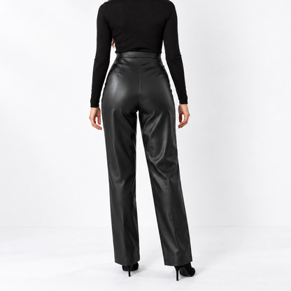 Women's High-Waisted Wide-Leg Faux Leather Pants – Structured Design with Panel Details for Elegant Everyday and Evening Outfits