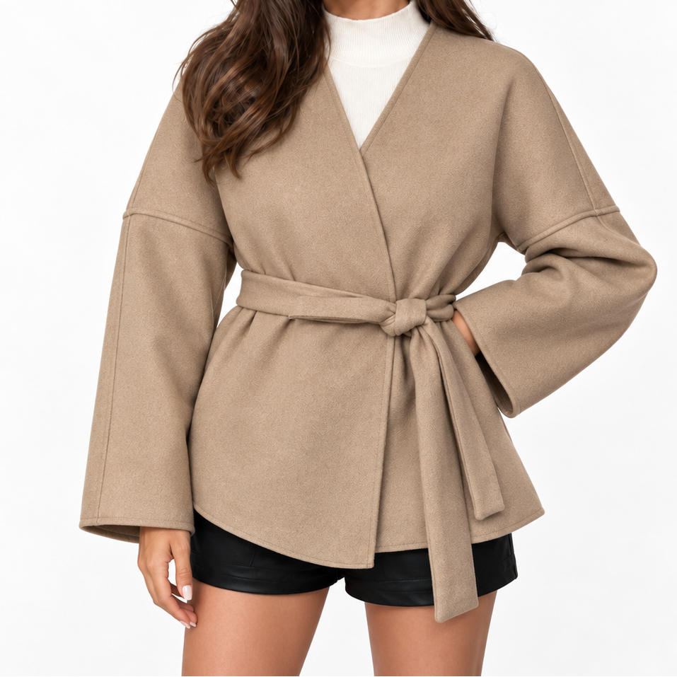 Women's Wrap Jacket with Belt, V-Neck, and Wide Sleeves – Elegant Jacket with a Tailored Cut for Fall and Stylish Everyday Wear