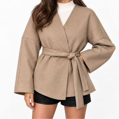 Women's Wrap Jacket with Belt, V-Neck, and Wide Sleeves – Elegant Jacket with a Tailored Cut for Fall and Stylish Everyday Wear