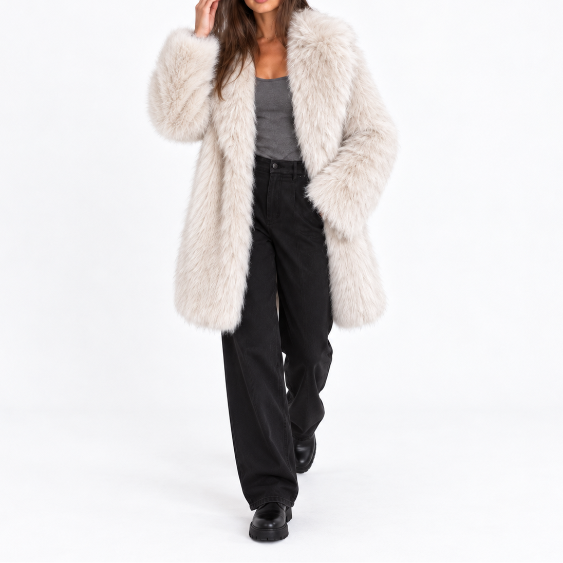 Women's Mid-Length Winter Coat in Faux Fur with Wide Lapels – Soft, Full-Bodied Coat for Elegant Everyday and Evening Outfits