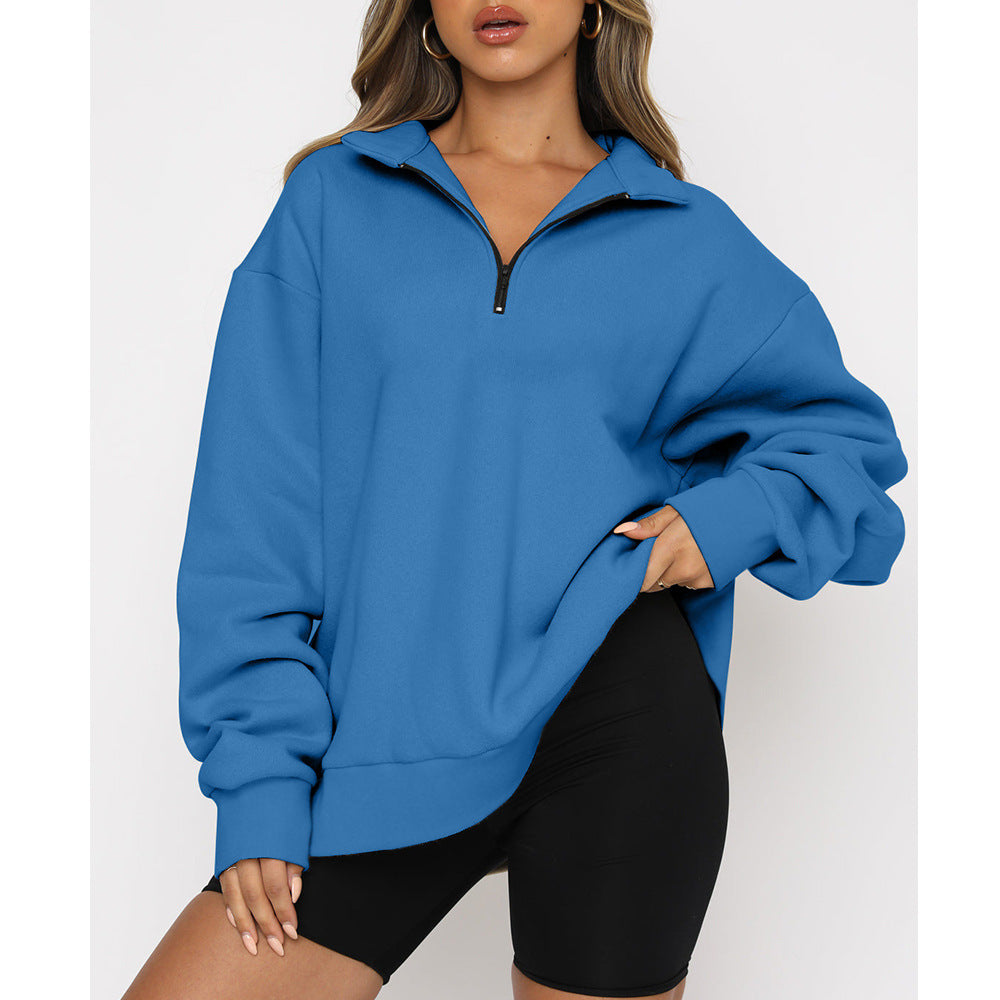 Dame Oversized Half-zip Sweatshirt Med Krave Og Lange Ærmer – Afslappet Pullover Til Hverdagsbrug, Fritid Og Lag-på-lag Styling