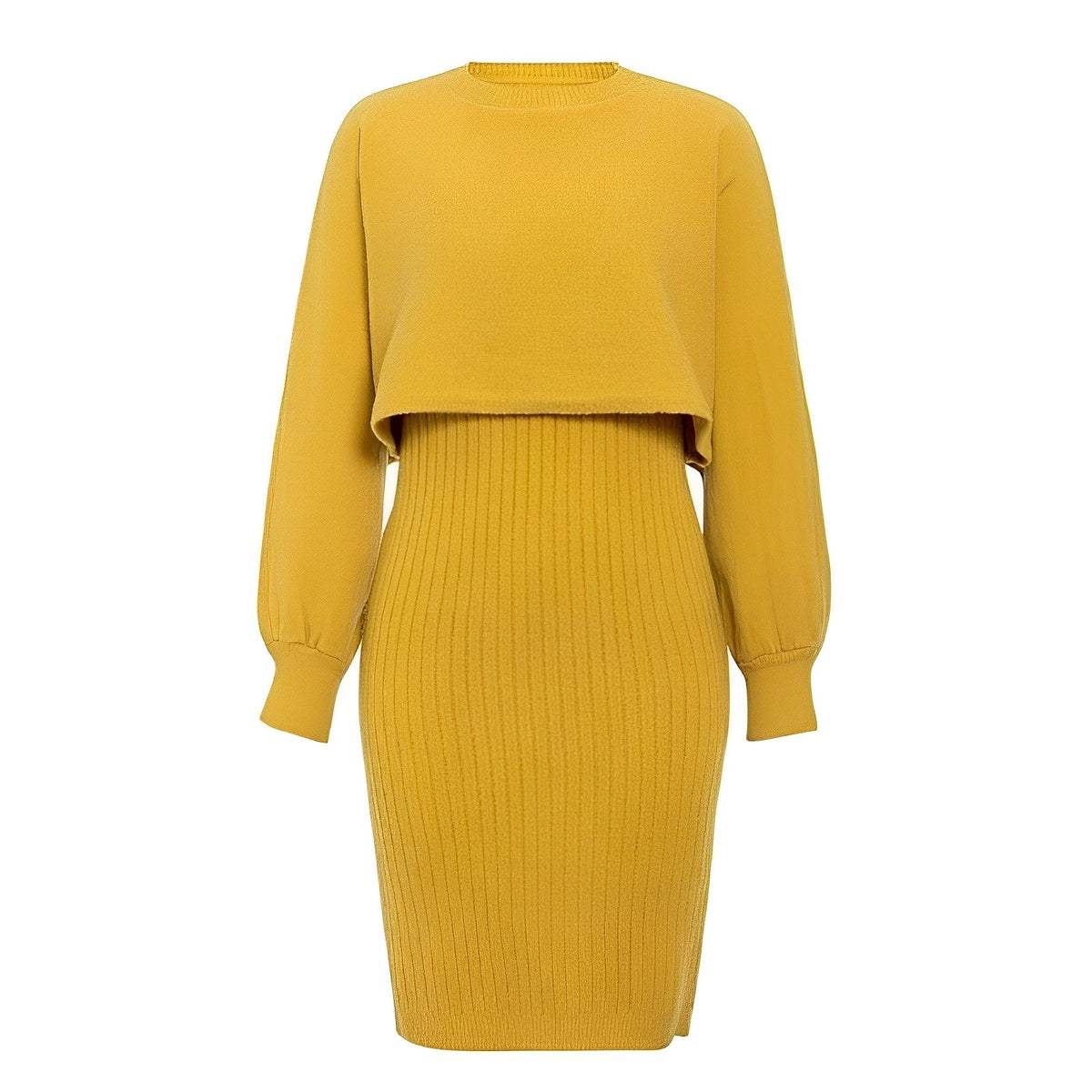Dame Strikket 2-delt Sæt Med Cropped Sweater, Lanternærmer Og Ribstrikket Midinederdel – Varmt Striksæt Til Efterår, Vinter Og Hverdagsbrug