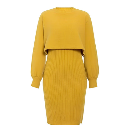 Dame Strikket 2-delt Sæt Med Cropped Sweater, Lanternærmer Og Ribstrikket Midinederdel – Varmt Striksæt Til Efterår, Vinter Og Hverdagsbrug