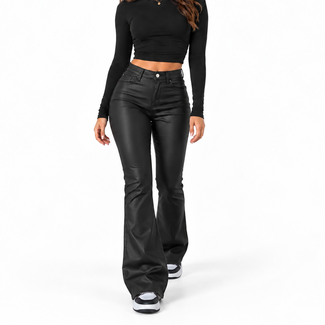 Pantaloni bootcut cu talie înaltă pentru damă, din piele ecologică elastică – pantaloni evazați pentru ținute de seară și ținute urbane elegante