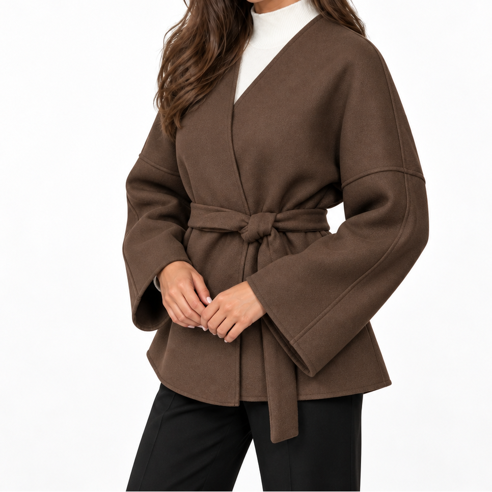 Women's Wrap Jacket with Belt, V-Neck, and Wide Sleeves – Elegant Jacket with a Tailored Cut for Fall and Stylish Everyday Wear