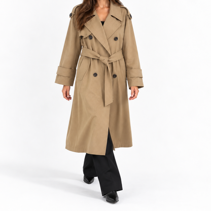 Trench lung de damă, cu închidere la două rânduri de nasturi, rever lat și cordon în talie – palton elegant, cambrat, pentru birou și ținute elegante de toamnă