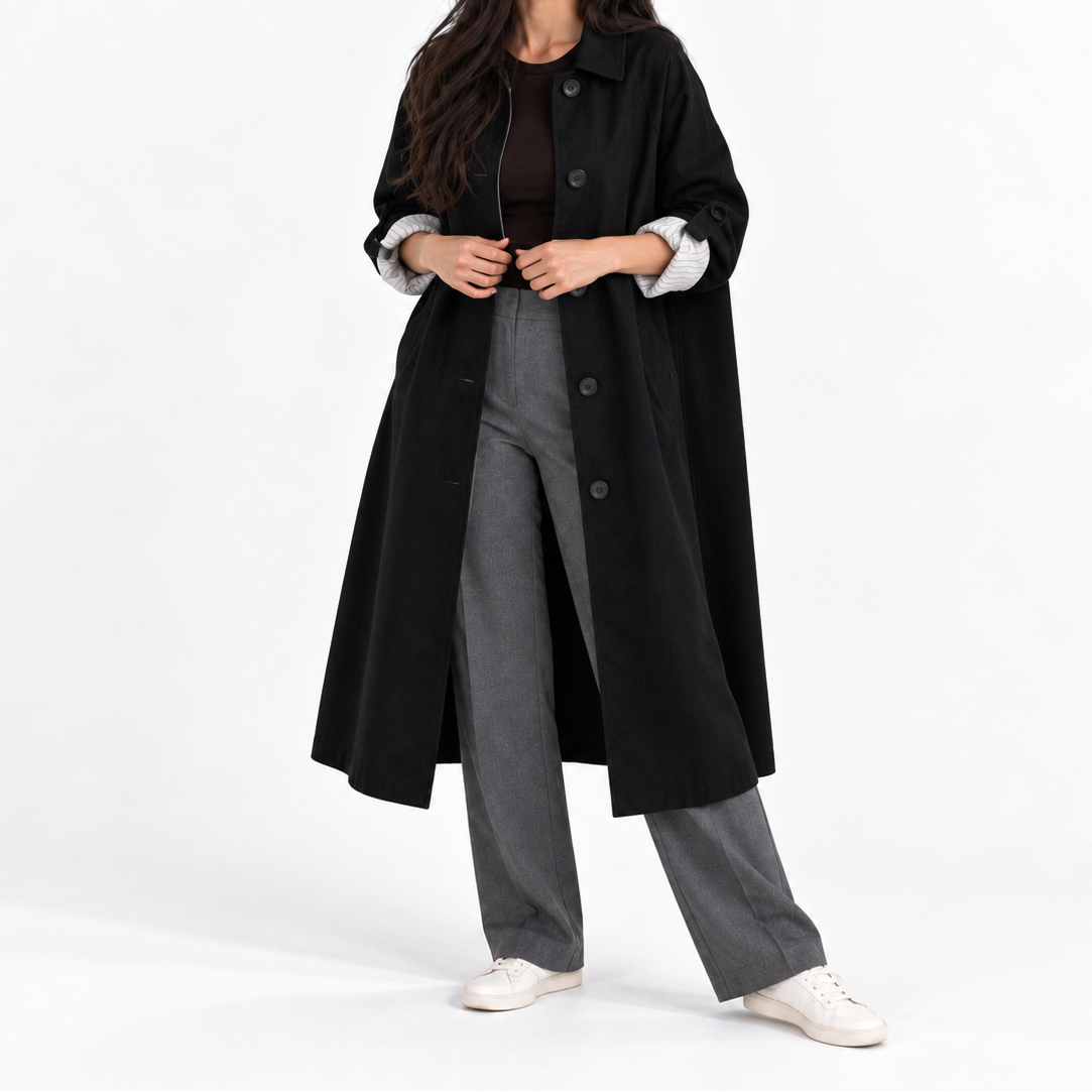 Gabardina larga para mujer con cierre sencillo, mangas raglán y cuello de pico – Corte holgado para viajar en primavera y crear looks a capas para el día a día