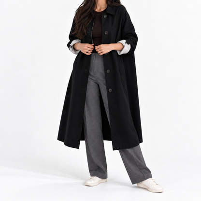 Gabardina larga para mujer con cierre sencillo, mangas raglán y cuello de pico – Corte holgado para viajar en primavera y crear looks a capas para el día a día