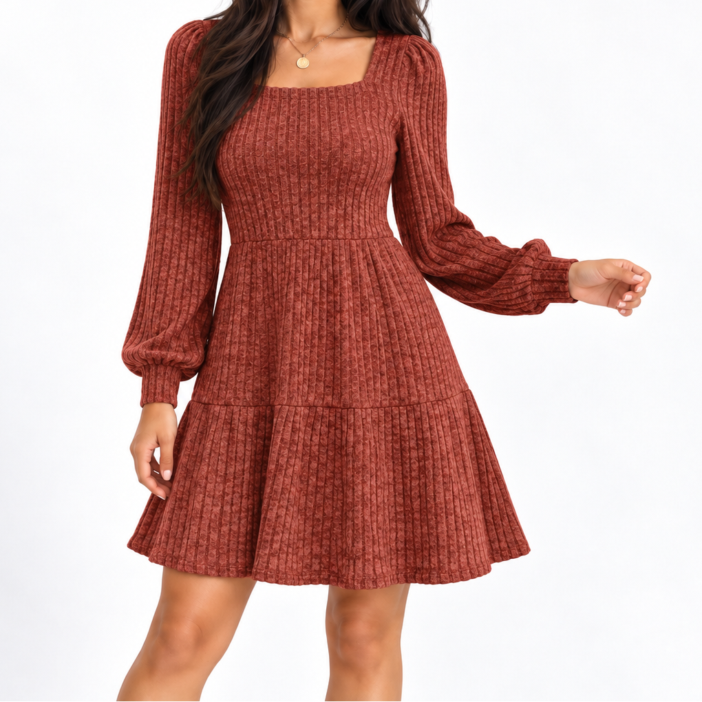 Rochie mini reiată de damă, cu decolteu pătrat și mâneci lungi – Rochie cambrată, cu fustă evazată, pentru toamnă, iarnă și ocazii festive