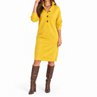 Vestido midi de punto para mujer, con cuello, botones y mangas largas – Vestido tipo suéter informal para otoño, invierno y el día a día con estilo