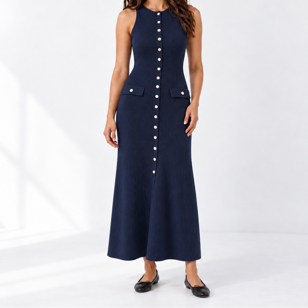 Women's Sleeveless Knit Midi Dress with Crew Neck and Front Button Closure – Fitted Dress for Stylish Everyday Outfits and Smart-Casual Looks