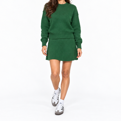 Women's Two-Piece Knit Set with Relaxed Crew-Neck Sweater and Matching Miniskirt - Stylish Set for Everyday Wear and Smart-Casual Outfits