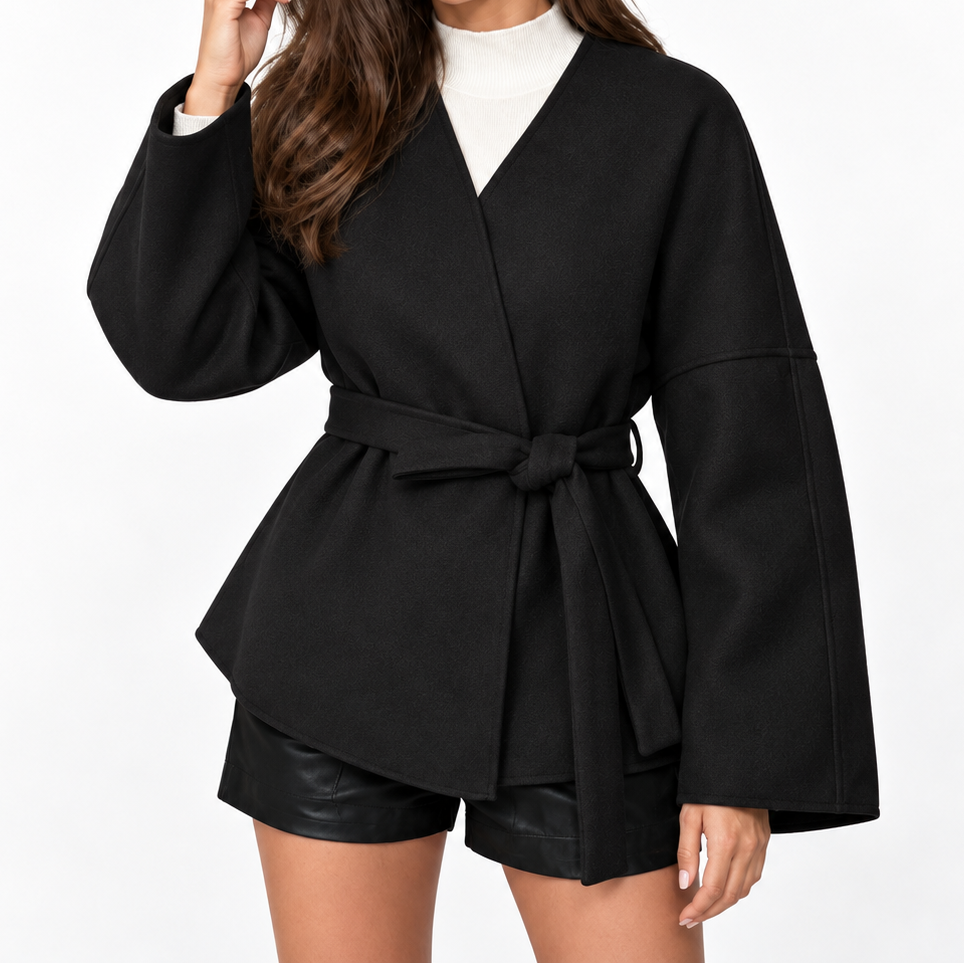 Women's Wrap Jacket with Belt, V-Neck, and Wide Sleeves – Elegant Jacket with a Tailored Cut for Fall and Stylish Everyday Wear