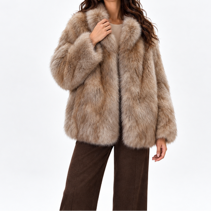 Women's Short Soft Faux Fur Coat with High Collar – Elegant Winter Outerwear for Cold Days and Stylish Evening Events
