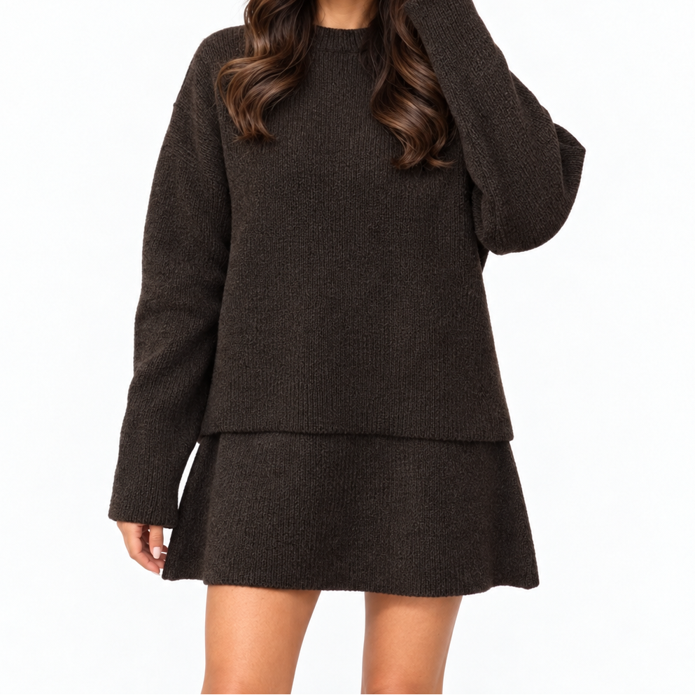 Women's Two-Piece Knit Set with Relaxed Crew-Neck Sweater and Matching Miniskirt - Stylish Set for Everyday Wear and Smart-Casual Outfits