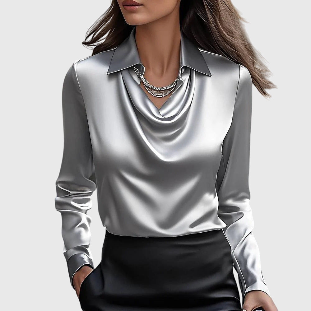 Women's Satin Blouse with a Cowl Neckline and Long Sleeves – Elegant Shirt Blouse for the Office, Evening Wear and Smart-Casual Style