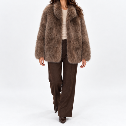 Women's Short Soft Faux Fur Coat with High Collar – Elegant Winter Outerwear for Cold Days and Stylish Evening Events