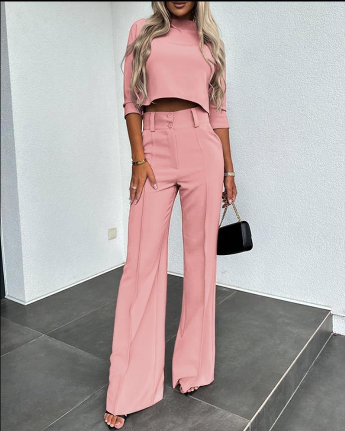 Women's Cropped 2-Piece Pants Set with 3/4-Sleeve Top and High-Waisted Wide-Leg Pants - Tailored Set for Everyday Wear and Smart Casual Style
