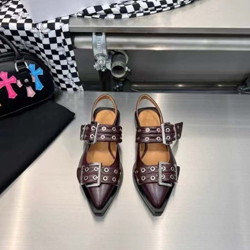 Women's Flat Slingback Shoes with Pointed Toes and Buckles - Elegant Patent-Look Shoes with Multiple Straps and Eyelet Details for Smart Casual Style and City Life