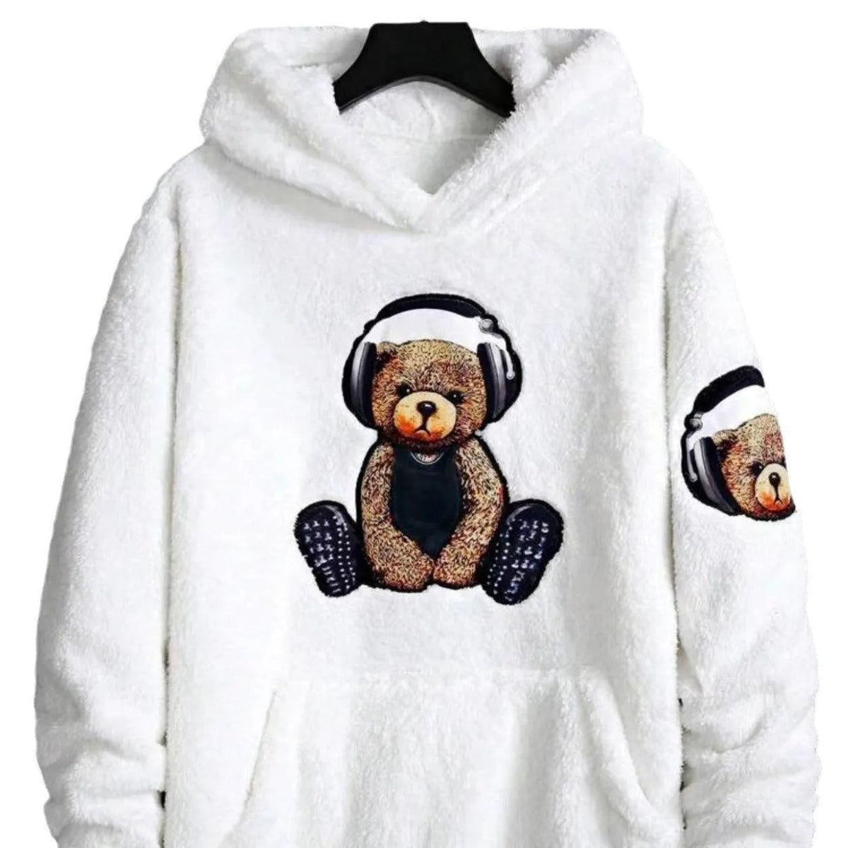 Herre Teddy-fleece Hættetrøje Med Bjørneprint – Blød Og Varm Pullover Til Vinter, Hverdagsbrug Og Fritid