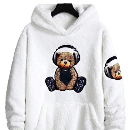 Herre Teddy-fleece Hættetrøje Med Bjørneprint – Blød Og Varm Pullover Til Vinter, Hverdagsbrug Og Fritid