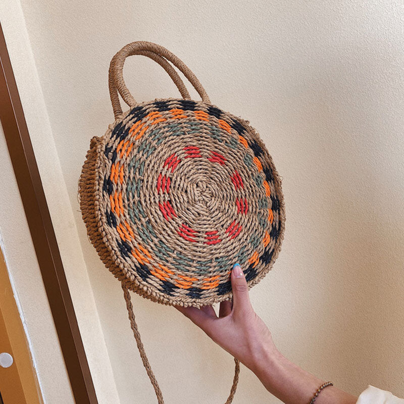 Dame Rund Flettet Stråhåndtaske Med Mønstret Design Og Rebhåndtag – Let Sommertaske Til Ferie, Strand, Shopping Og Fritid