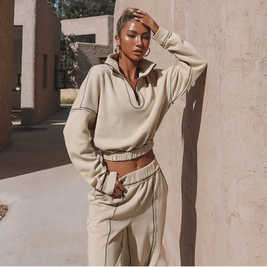 Women's 2-piece Set with Cropped Half-zip Sweatshirt and Wide-leg Joggers - Casual Tracksuit for Everyday Wear, Leisure and Casual Style
