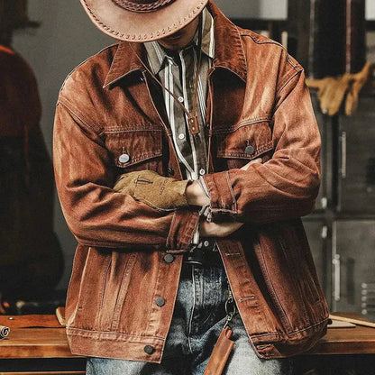 Herre Vintage Vasket Denimjakke Med Brystlommer Og Distressed Finish – Afslappet Trucker-jakke Til Efterår, Hverdagsbrug, Fritid Og Casual Stil