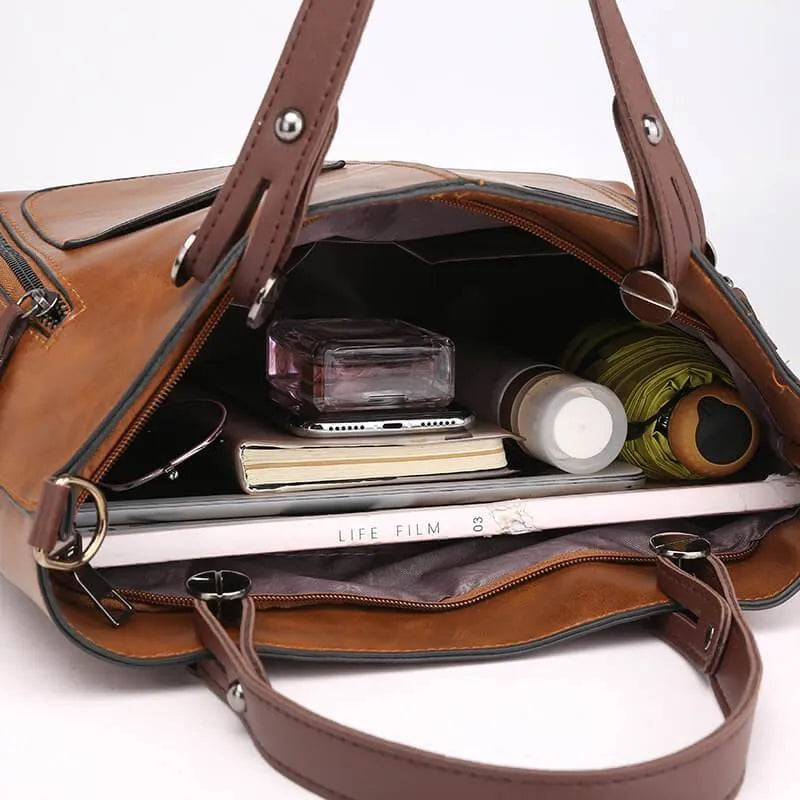 Dame Vintage Lædertaske Med Flere Lommer – Rummelig Tote-taske Til Arbejde, Hverdagsbrug, Shopping Og Rejser