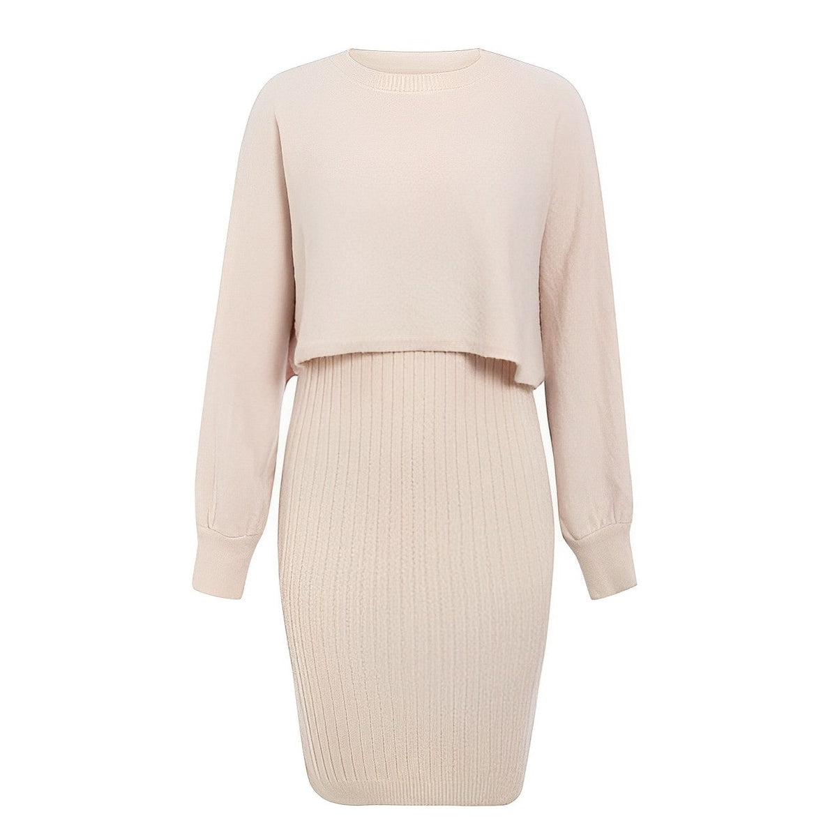 Dame Strikket 2-delt Sæt Med Cropped Sweater, Lanternærmer Og Ribstrikket Midinederdel – Varmt Striksæt Til Efterår, Vinter Og Hverdagsbrug