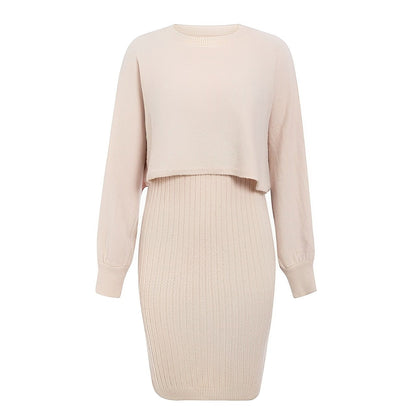 Dame Strikket 2-delt Sæt Med Cropped Sweater, Lanternærmer Og Ribstrikket Midinederdel – Varmt Striksæt Til Efterår, Vinter Og Hverdagsbrug