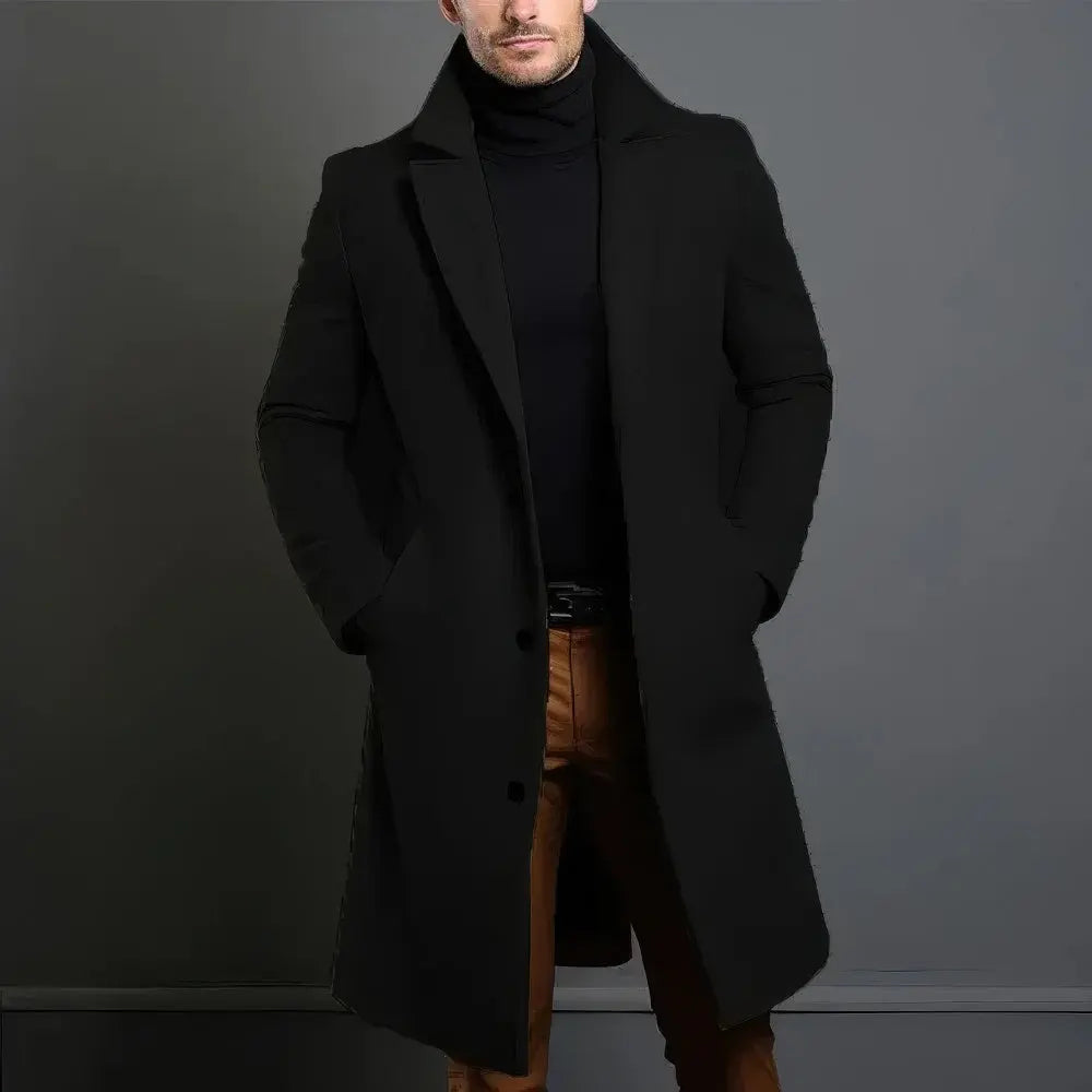 Pánský dlouhý elegantní kabát na míru s jednořadým zapínáním a klopami s vroubkovaným okrajem – elegantní svrchní oděv na podzim, zimu, do kanceláře i pro každodenní nošení