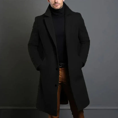 Pánský dlouhý elegantní kabát na míru s jednořadým zapínáním a klopami s vroubkovaným okrajem – elegantní svrchní oděv na podzim, zimu, do kanceláře i pro každodenní nošení