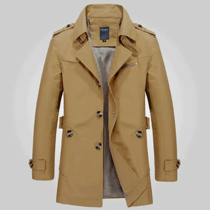 Pánský dvouřadý trenčkot střední délky s nárameníky a pásky na manžetách – elegantní kabát na míru na podzim, zimu, do kanceláře i ve stylu smart casual