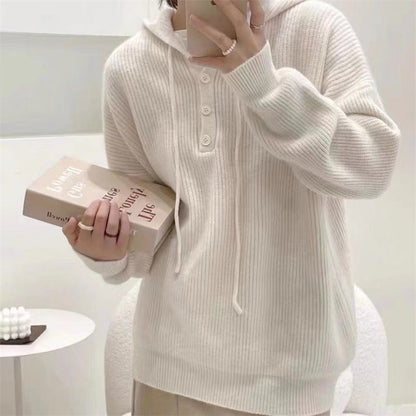 Dame Ribstrikket Sweater Med Hætte Og Knaplukning I Halsen – Afslappet Pullover Til Efterår, Vinter, Hverdagsbrug Og Fritid