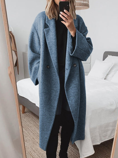 Palton oversized de damă din amestec de lână, cu închidere la două rânduri de nasturi și revere late - palton lung de iarnă pentru purtare zilnică, birou și un stil elegant