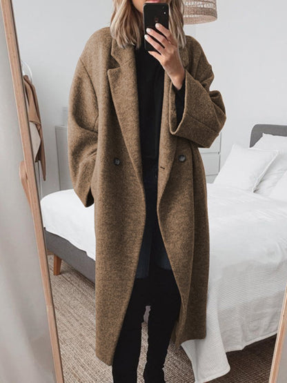 Palton oversized de damă din amestec de lână, cu închidere la două rânduri de nasturi și revere late - palton lung de iarnă pentru purtare zilnică, birou și un stil elegant