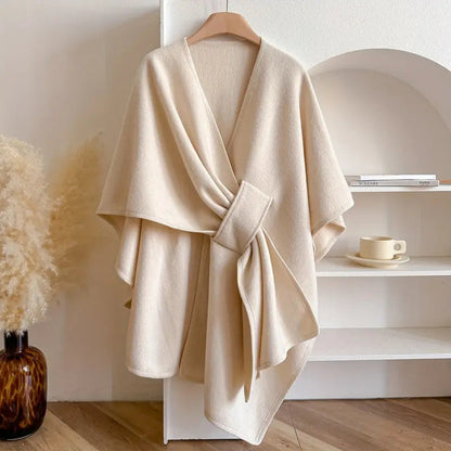 Women's Belted Poncho Coat – Wind-Resistant Outerwear for Autumn, Winter, Leisure, and Everyday Wear