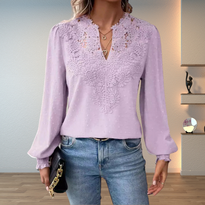 Women's Blouse with Lace Trim and V-Neck – Textured Long-Sleeve Top for Elegant Everyday Wear