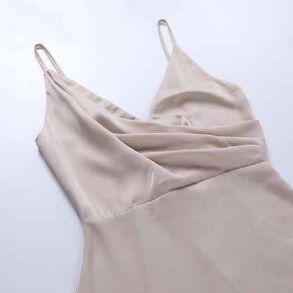 Vestido midi elegante para mujer con tirantes finos, espalda descubierta y diseño drapeado: vestido de fiesta con abertura para la noche, bodas y ocasiones especiales