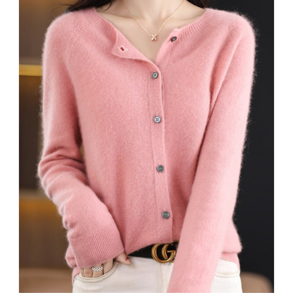 Cardigan de damă din lână merinos și cașmir – tricot elegant cu guler rotund pentru iarnă, birou, purtare zilnică și ocazii festive