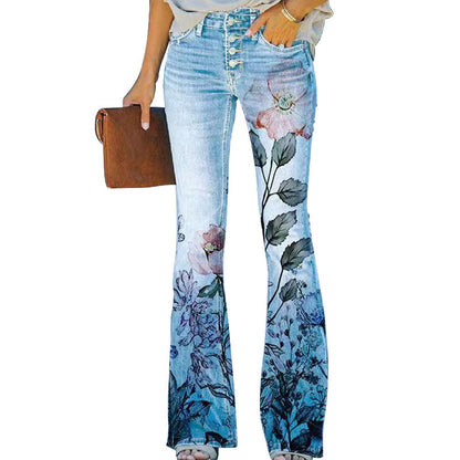 Women's High-Waisted Jeans with Floral Print and Wide Legs – Retro Denim for Everyday Wear, Leisure, Festivals, and Smart-Casual Style