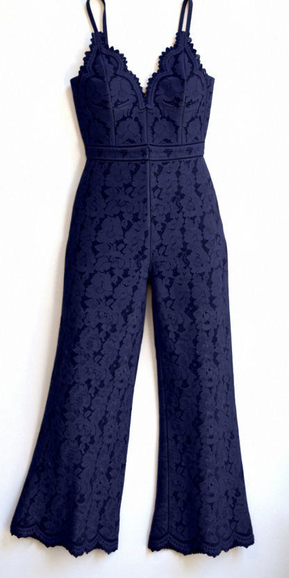 Dame Jumpsuit Med Brede Ben, Blondedetaljer Og V-hals – Elegant Heldragt Med Spaghettistropper Til Bryllupper, Aftenarrangementer Og Festlige Anledninger