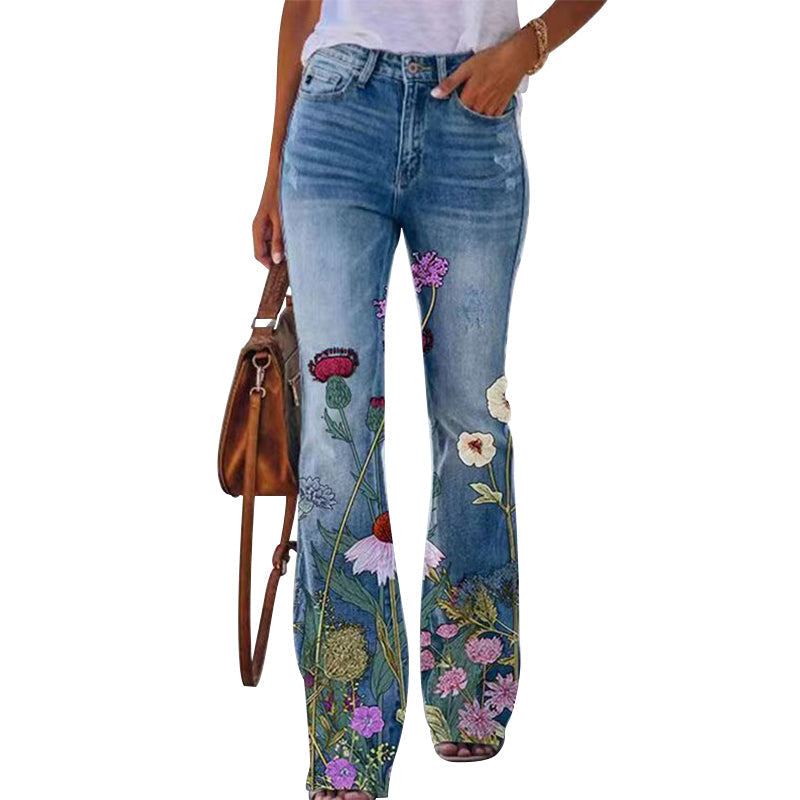Women's High-Waisted Jeans with Floral Print and Wide Legs – Retro Denim for Everyday Wear, Leisure, Festivals, and Smart-Casual Style